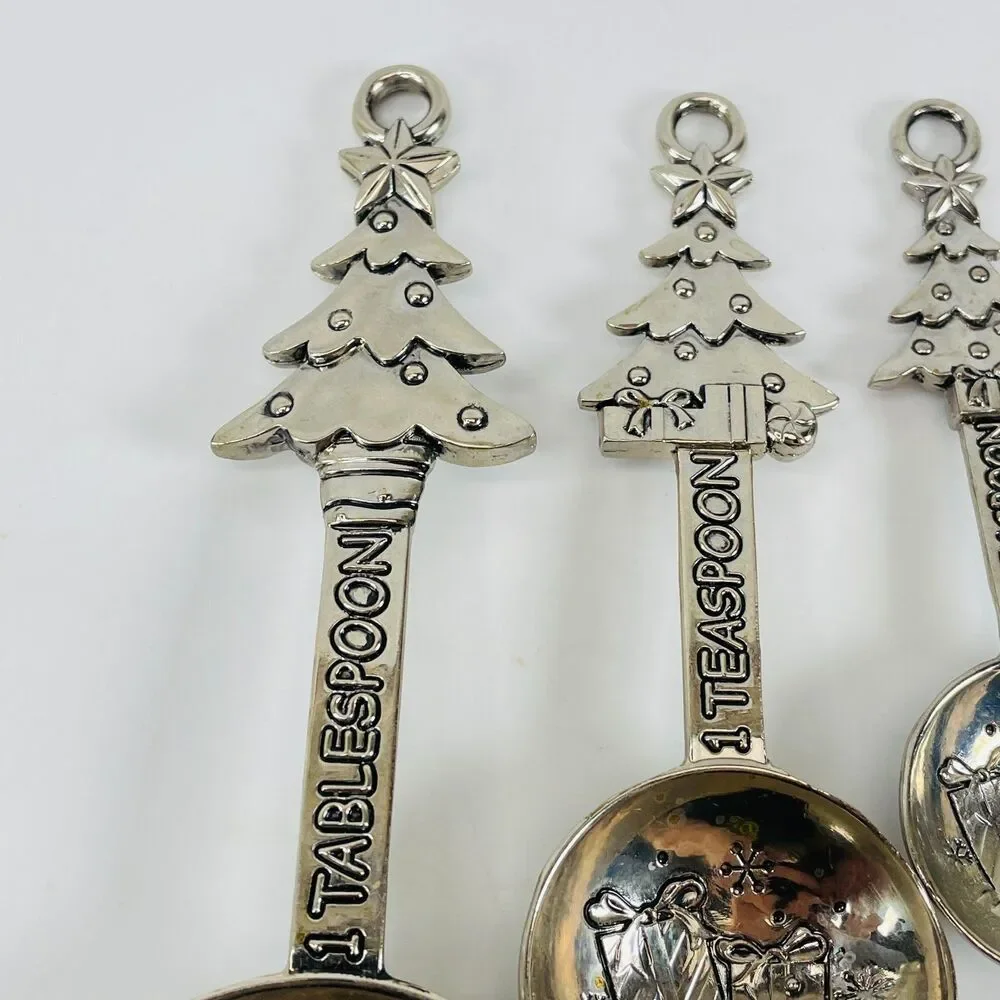 Measuring Spoons Christmas Tree Presents Shiny Chrome 4 Pc Set Ganz Seasonal
